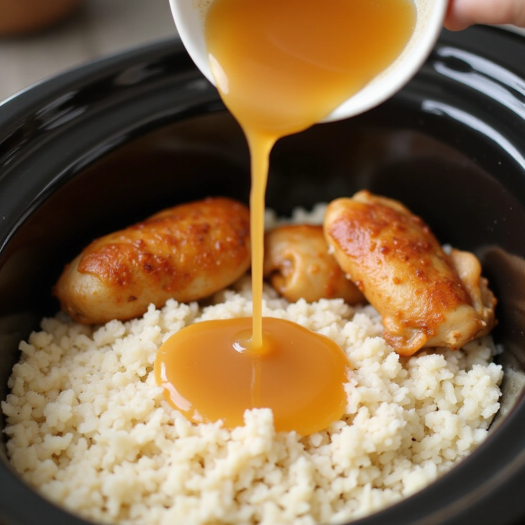 Chicken and Rice Crockpot Recipes Simple Comfort Food - Step 4: Add Chicken Broth