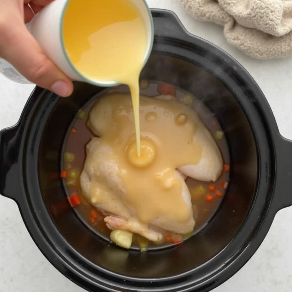 Crockpot Chicken and Noodles Recipes Creamy Comfort Food 4 Crockpot Chicken and Noodles Recipes Creamy Comfort Food Step 4 Pour in Broth