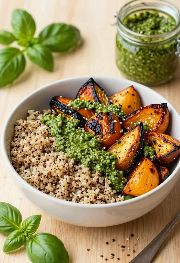 12 Healthy Pesto Dinner Recipes with Fresh Bold Flavor 23 12 Healthy Pesto Dinner Recipes with Fresh Bold Flavor 3. Roasted Vegetable Pesto Quinoa Bowl 0