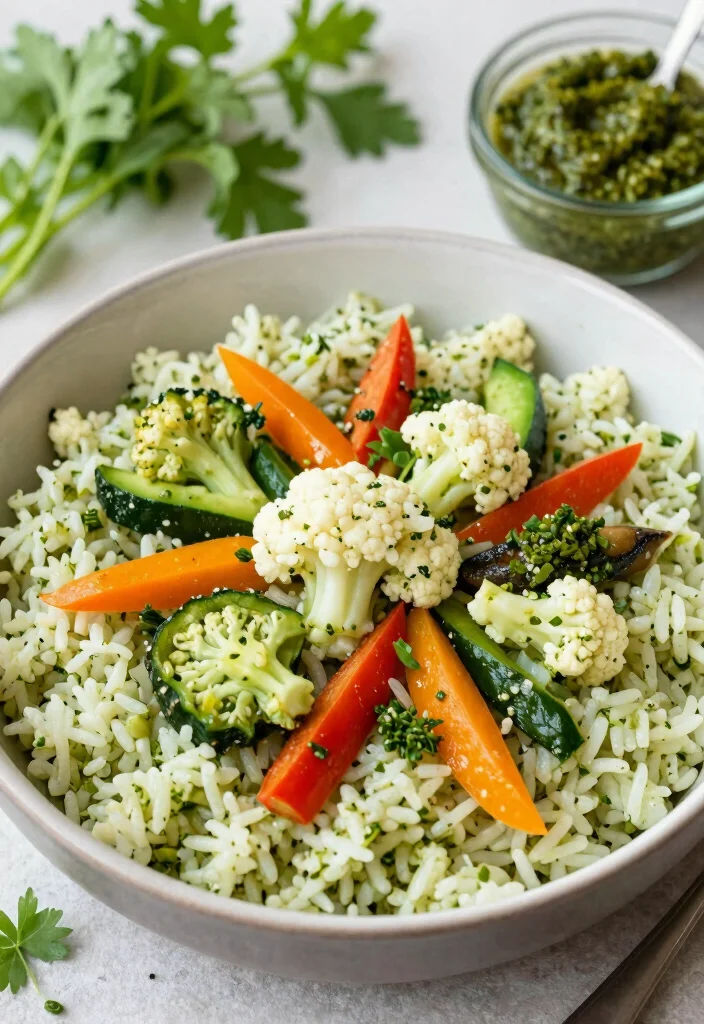 12 Healthy Pesto Dinner Recipes with Fresh Bold Flavor 78 12 Healthy Pesto Dinner Recipes with Fresh Bold Flavor 8. Cauliflower Pesto Rice Bowl 0