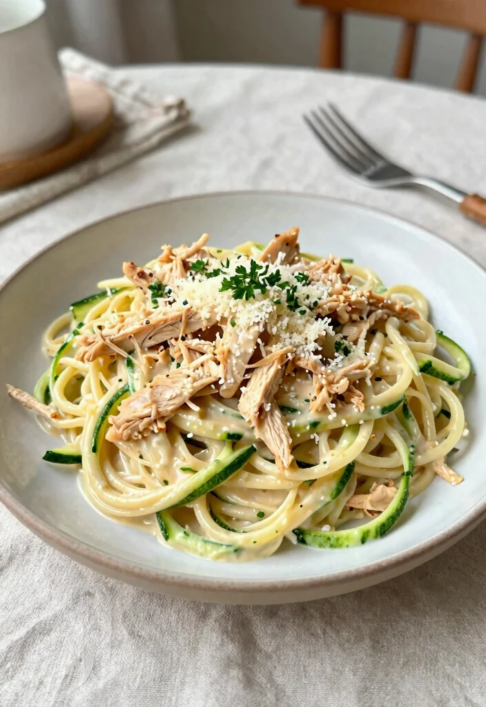 12 Shredded Chicken Keto Recipes for Fast Weeknight Meals - 10. Shredded Chicken Alfredo Zoodles 1